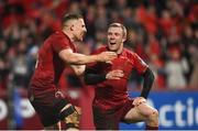 29 December 2018; Keith Earls of Munster, right, celebrates with team-mate Andrew Conway after scoring his side's second try during the Guinness PRO14 Round 12 match between Munster and Leinster at Thomond Park in Limerick. Photo by Diarmuid Greene/Sportsfile