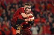 29 December 2018; Keith Earls of Munster celebrates with team-mate Andrew Conway after scoring his side's second try during the Guinness PRO14 Round 12 match between Munster and Leinster at Thomond Park in Limerick. Photo by Diarmuid Greene/Sportsfile