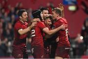 29 December 2018; Keith Earls of Munster(hidden) celebrates with team-mates, from left, Darren Sweetnam, Tyler Bleyendaal, Conor Murray, Andrew Conway, and Mike Haley after scoring his side's second try during the Guinness PRO14 Round 12 match between Munster and Leinster at Thomond Park in Limerick. Photo by Diarmuid Greene/Sportsfile