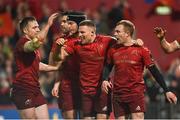 29 December 2018; Keith Earls of Munster, right, celebrates with team-mates, from left, Rory Scannell, Conor Murray, Tyler Bleyendaal, and Andrew Conway, after scoring his side's second try during the Guinness PRO14 Round 12 match between Munster and Leinster at Thomond Park in Limerick. Photo by Diarmuid Greene/Sportsfile