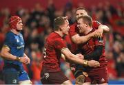 29 December 2018; Keith Earls of Munster, right, celebrates with team-mates Mike Haley and Andrew Conway after scoring his side's second try during the Guinness PRO14 Round 12 match between Munster and Leinster at Thomond Park in Limerick. Photo by Diarmuid Greene/Sportsfile