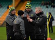 30 December 2018; The Donegal management team, from left, manager Declan Bonner, assistant manager Paul McGonigle, coach Gary Boyle and selector Stephen Rochford before the Bank of Ireland Dr McKenna Cup Round 1 match between Donegal and QUB at MacCumhaill Park in Ballybofey, Donegal.  Photo by Oliver McVeigh/Sportsfile