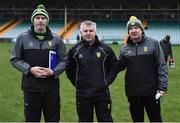 30 December 2018; The Donegal management, from left, assistant manager Paul McGonigle, selector Stephen Rochford and manager Declan Bonner after the Bank of Ireland Dr McKenna Cup Round 1 match between Donegal and QUB at MacCumhaill Park in Ballybofey, Donegal.  Photo by Oliver McVeigh/Sportsfile