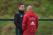 31 December 2018; JJ Hanrahan in conversation with defence coach JP Ferreira during Munster Rugby squad training at the University of Limerick in Limerick. Photo by Diarmuid Greene/Sportsfile