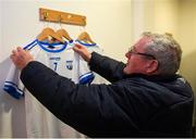 2 January 2019; Roger Casey, who has been Waterford kitman for 25 years, hangs up the jersey assigned to Michael 'Brick' Walsh ahead of the Co-Op Superstores Munster Hurling League 2019 match between Cork and Waterford at Mallow GAA Grounds in Mallow, Co. Cork. Photo by Eóin Noonan/Sportsfile
