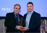 5 January 2019; The Sean O'Brien Hall of Fame Award winner, Roger Anderson of Athy RFC, left, is presented his award by Leinster Rugby player Sean O'Brien during the Leinster Rugby Junior Lunch at the Ballsbridge Hotel in Dublin. The Leinster Rugby Junior Lunch was held in the Ballsbridge Hotel this afternoon. This is the second year that the lunch has been held in celebration of Junior Rugby in Leinster. Photo by Harry Murphy/Sportsfile