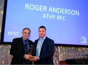 5 January 2019; The Sean O'Brien Hall of Fame Award winner, Roger Anderson of Athy RFC, left, is presented his award by Leinster Rugby player Sean O'Brien during the Leinster Rugby Junior Lunch at the Ballsbridge Hotel in Dublin. The Leinster Rugby Junior Lunch was held in the Ballsbridge Hotel this afternoon. This is the second year that the lunch has been held in celebration of Junior Rugby in Leinster. Photo by Harry Murphy/Sportsfile