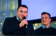 5 January 2019; Leinster rugby player Peter Dooley, left, speaks during the Leinster Rugby Junior Lunch at the Ballsbridge Hotel in Dublin. The Leinster Rugby Junior Lunch was held in the Ballsbridge Hotel this afternoon. This is the second year that the lunch has been held in celebration of Junior Rugby in Leinster. Photo by Harry Murphy/Sportsfile