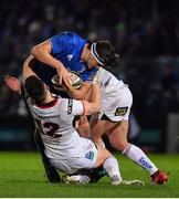5 January 2019; Max Deegan of Leinster is tackled by James Hume and Adam McBurney of Ulster during the Guinness PRO14 Round 13 match between Leinster and Ulster at the RDS Arena in Dublin. Photo by Brendan Moran/Sportsfile