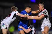 5 January 2019; Adam Byrne of Leinster is tackled by Ulster players, from left, Robert Lyttle, Peter Nelson and James Hume during the Guinness PRO14 Round 13 match between Leinster and Ulster at the RDS Arena in Dublin. Photo by Brendan Moran/Sportsfile