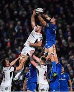 5 January 2019; Ross Molony of Leinster takes possession in a lineout ahead of Alan O'Connor of Ulster during the Guinness PRO14 Round 13 match between Leinster and Ulster at the RDS Arena in Dublin. Photo by Brendan Moran/Sportsfile