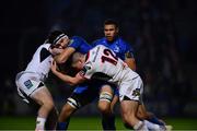 5 January 2019; Max Deegan of Leinster is tackled by Rob Lyttle, left, and James Hume of Ulster during the Guinness PRO14 Round 13 match between Leinster and Ulster at the RDS Arena in Dublin. Photo by Ramsey Cardy/Sportsfile