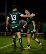 5 January 2019; Cian Kelleher of Connacht, right, celebrates with team-mate Tom Farrell after scoring his side's second try during the Guinness PRO14 Round 13 match between Connacht and Munster at the Sportsground in Galway. Photo by Diarmuid Greene/Sportsfile