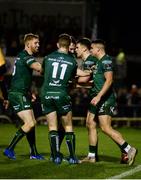 5 January 2019; Cian Kelleher of Connacht, right, celebrates with team-mates after scoring his side's second try during the Guinness PRO14 Round 13 match between Connacht and Munster at the Sportsground in Galway. Photo by Diarmuid Greene/Sportsfile