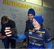 5 January 2019; Leinster's Jonathan Sexton with supporter Tom Cole, age 12, from Athy, Co. Kildare, in 'Autograph Alley' prior to the Guinness PRO14 Round 13 match between Leinster and Ulster at the RDS Arena in Dublin. Photo by Seb Daly/Sportsfile