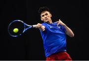 6 January 2019; Thomas Brennan of David Lloyd Riverview in action during the Men's Singles final match between Osgar O'Hoisin of Donnybrook LTC and Thomas Brennan of David Lloyd Riverview during the Shared Access National Indoor Tennis Championships 2019 Finals at the David Lloyd Riverview in Dublin. Photo by Harry Murphy/Sportsfile