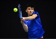 6 January 2019; Thomas Brennan of David Lloyd Riverview in action during the Men's Singles final match between Osgar O'Hoisin of Donnybrook LTC and Thomas Brennan of David Lloyd Riverview during the Shared Access National Indoor Tennis Championships 2019 Finals at the David Lloyd Riverview in Dublin. Photo by Harry Murphy/Sportsfile