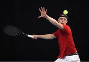 6 January 2019; Osgar O'Hoisin of Donnybrook LTC in action during the Men's Singles final match between Osgar O'Hoisin of Donnybrook LTC and Thomas Brennan during the Shared Access National Indoor Tennis Championships 2019 Finals at the David Lloyd Riverview in Dublin. Photo by Harry Murphy/Sportsfile