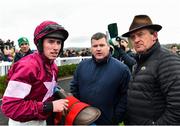 6 January 2019; Jockey Jack Kennedy, left, trainer Gordon Elliott, centre, and Eddie O'Leary of Gigginstown House Stud after sending out Battleoverdoyen to win the Lawlor's of Naas Novice Hurdle at Naas Racecourse in Kildare. Photo by Seb Daly/Sportsfile