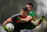 6 January 2019; Evan Regan of Mayo in action against Aidan Flynn of Leitrim during the Connacht FBD League Preliminary Round match between Leitrim and Mayo at Avantcard Páirc Seán Mac Diarmada in Carrick-on-Shannon, Co Leitrim. Photo by Stephen McCarthy/Sportsfile