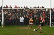 6 January 2019; Leitrim goalkeeper Diarmuid McKiernan watches on as Mayo's Evan Regan scores his side's winning penalty after the Connacht FBD League Preliminary Round match between Leitrim and Mayo ended in a draw at Avantcard Páirc Seán Mac Diarmada in Carrick-on-Shannon, Co Leitrim. Photo by Stephen McCarthy/Sportsfile