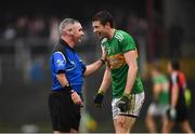 6 January 2019; Aidan Flynn of Leitrim and referee James Molloy during the Connacht FBD League Preliminary Round match between Leitrim and Mayo at Avantcard Páirc Seán Mac Diarmada in Carrick-on-Shannon, Co Leitrim. Photo by Stephen McCarthy/Sportsfile