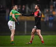 6 January 2019; Seamie O’Shea of Mayo and Damien Moran of Leitrim during the Connacht FBD League Preliminary Round match between Leitrim and Mayo at Avantcard Páirc Seán Mac Diarmada in Carrick-on-Shannon, Co Leitrim. Photo by Stephen McCarthy/Sportsfile