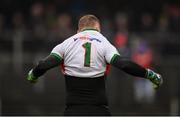 6 January 2019; Mayo goalkeeper pulls on the number one jersey prior to the Connacht FBD League Preliminary Round match between Leitrim and Mayo at Avantcard Páirc Seán Mac Diarmada in Carrick-on-Shannon, Co Leitrim. Photo by Stephen McCarthy/Sportsfile