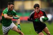 6 January 2019; Colm Moran of Mayo and Conor Reynolds of Leitrim during the Connacht FBD League Preliminary Round match between Leitrim and Mayo at Avantcard Páirc Seán Mac Diarmada in Carrick-on-Shannon, Co Leitrim. Photo by Stephen McCarthy/Sportsfile