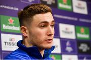 7 January 2019; Jordan Larmour speaking during a Leinster Rugby Press Conference at Leinster Rugby Headquarters in UCD, Dublin. Photo by Sam Barnes/Sportsfile