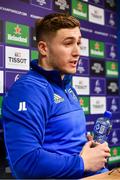 7 January 2019; Jordan Larmour speaking during a Leinster Rugby Press Conference at Leinster Rugby Headquarters in UCD, Dublin. Photo by Sam Barnes/Sportsfile