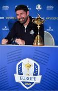 8 January 2019; Padraig Harrington of Ireland with the Ryder Cup trophy during a press conference where he was announced as European Ryder Cup Captain for the 2020 Ryder Cup matches which take place at Whistling Straits, USA, at the Wentworth Club in Surrey, England. Photo by Brendan Moran/Sportsfile