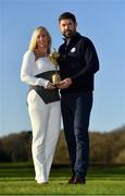 8 January 2019; Padraig Harrington of Ireland and his wife Caroline with the Ryder Cup trophy after a press conference where he was announced as European Ryder Cup Captain for the 2020 Ryder Cup matches which take place at Whistling Straits, USA, at the Wentworth Club in Surrey, England. Photo by Brendan Moran/Sportsfile