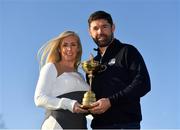 8 January 2019; Padraig Harrington of Ireland and his wife Caroline with the Ryder Cup trophy after a press conference where he was announced as European Ryder Cup Captain for the 2020 Ryder Cup matches which take place at Whistling Straits, USA, at the Wentworth Club in Surrey, England. Photo by Brendan Moran/Sportsfile