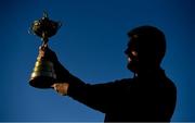 8 January 2019; Padraig Harrington of Ireland with the Ryder Cup trophy after a press conference where he was announced as European Ryder Cup Captain for the 2020 Ryder Cup matches which take place at Whistling Straits, USA, at the Wentworth Club in Surrey, England. Photo by Brendan Moran/Sportsfile