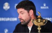 8 January 2019; Padraig Harrington of Ireland with the Ryder Cup trophy during a press conference where he was announced as European Ryder Cup Captain for the 2020 Ryder Cup matches which take place at Whistling Straits, USA, at the Wentworth Club in Surrey, England. Photo by Brendan Moran/Sportsfile