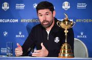 8 January 2019; Padraig Harrington of Ireland with the Ryder Cup trophy during a press conference where he was announced as European Ryder Cup Captain for the 2020 Ryder Cup matches which take place at Whistling Straits, USA, at the Wentworth Club in Surrey, England. Photo by Brendan Moran/Sportsfile