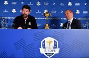 8 January 2019; Padraig Harrington of Ireland with European Ryder Cup Director Guy Kinnings, right, and the Ryder Cup trophy after a press conference where he was announced as European Ryder Cup Captain for the 2020 Ryder Cup matches which take place at Whistling Straits, USA, at the Wentworth Club in Surrey, England. Photo by Brendan Moran/Sportsfile