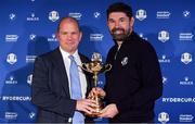 8 January 2019; Padraig Harrington of Ireland with European Ryder Cup Director Guy Kinnings, left, and the Ryder Cup trophy after a press conference where he was announced as European Ryder Cup Captain for the 2020 Ryder Cup matches which take place at Whistling Straits, USA, at the Wentworth Club in Surrey, England. Photo by Brendan Moran/Sportsfile