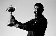 8 January 2019; (EDITOR'S NOTE; Image has been converted to Black & White) Padraig Harrington of Ireland with the Ryder Cup trophy after a press conference where he was announced as European Ryder Cup Captain for the 2020 Ryder Cup matches which take place at Whistling Straits, USA, at the Wentworth Club in Surrey, England. Photo by Brendan Moran/Sportsfile