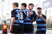 8 January 2019; Kacper Agatowski of Newpark Comprehensive School is congratulated by team mates after scoring his side's fourth try during the Bank of Ireland Vinnie Murray Cup Round 1 match between Newpark Comprehensive and St Fintan's High School at Energia Park in Dublin. Photo by David Fitzgerald/Sportsfile