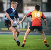 8 January 2019; Matthew Jungmann of Newpark Comprehensive School is tackled by Oisín Heaney of St Fintan's High School during the Bank of Ireland Vinnie Murray Cup Round 1 match between Newpark Comprehensive and St Fintan's High School at Energia Park in Dublin. Photo by David Fitzgerald/Sportsfile
