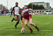 9 January 2019; Vinny Flynn of Catholic University School scores a try against Gormanstown College during the Bank of Ireland Vinnie Murray Cup Round 1 match between Catholic University School and Gormanstown College at Energia Park in Dublin. Photo by Matt Browne/Sportsfile