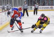 11 January 2019; Evgeny Gasnikov of Arlan Kokshetau in action against Oscar Krawczyk of GKS Katowice during the IIHF Continental Cup Final match between GKS Katowice and Arlan Kokshetau at the SSE Arena in Belfast, Co Antrim. Photo by Eoin Smith/Sportsfile