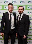 11 January 2019; Brendan Clake of St Patrick's Athletic, left, and Conan Byrne of Shelbourne in attendance during the SSE Airtricity Soccer Writers’ Association of Ireland Awards 2018 at the Conrad Hotel in Dublin. Photo by Stephen McCarthy/Sportsfile