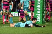 11 January 2019; Joey Carbery of Munster dives over to score his side's first try during the Heineken Champions Cup Pool 2 Round 5 match between Gloucester and Munster at Kingsholm Stadium in Gloucester, England. Photo by Seb Daly/Sportsfile