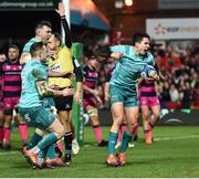 11 January 2019; Joey Carbery of Munster celebrates after scoring his side's first try during the Heineken Champions Cup Pool 2 Round 5 match between Gloucester and Munster at Kingsholm Stadium in Gloucester, England. Photo by Seb Daly/Sportsfile