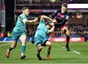 11 January 2019; Andrew Conway of Munster, centre, in action against Ollie Thorley of Gloucester during the Heineken Champions Cup Pool 2 Round 5 match between Gloucester and Munster at Kingsholm Stadium in Gloucester, England. Photo by Seb Daly/Sportsfile