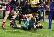 11 January 2019; Keith Earls of Munster dives over to score his side's third try during the Heineken Champions Cup Pool 2 Round 5 match between Gloucester and Munster at Kingsholm Stadium in Gloucester, England. Photo by Seb Daly/Sportsfile