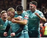 11 January 2019; Keith Earls of Munster, left, is congratulated by team-mates Conor Murray, centre, and Billy Holland, right, after scoring his side's third try during the Heineken Champions Cup Pool 2 Round 5 match between Gloucester and Munster at Kingsholm Stadium in Gloucester, England. Photo by Seb Daly/Sportsfile